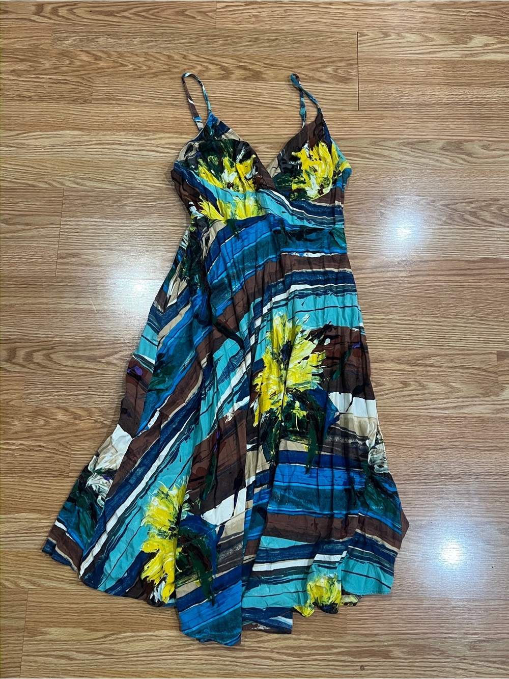 Vintage Jams World Teal & Yellow Floral Striped Maxi Dress